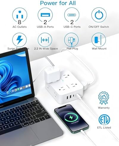 HANYCONY Ultra-Thin Flat Plug Extension Cord, 8-Outlet Surge Protector 5Ft