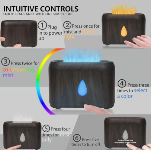 Flame Diffuser for Essential Oils, 200ml Ultrasonic Aroma Diffusers with Cool Mist, Aromatherapy Diffuser with Auto-Off Protection (Dark Wooden Grain(7 Colors), Peppermint+Lavender+Tea Tree+Lemon)
