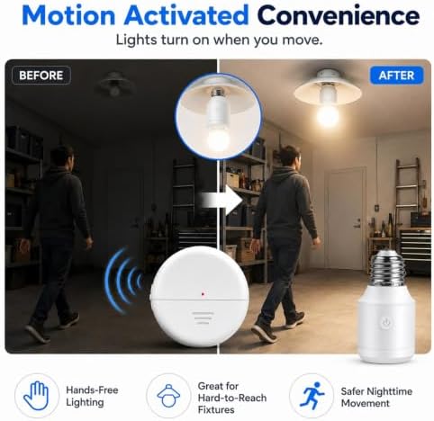 3 Radars+5 Bulb Bases,260Ft,500W Light Bulb Socket Radar Motion Sensor | AUTO & Timer Modes, 260FT RF Range,Programmable E26 E27 Bulb Base, for Stair, Closet, Hallway Lights, Pull String,Garage