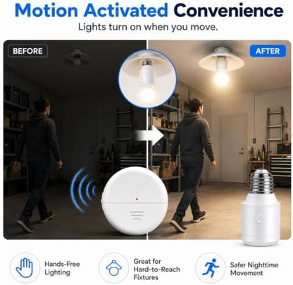 Wireless Radar Motion Sensor 500W Light Bulb Socket,E26 E27 Bulb Base | NineLeaf 1 Radar+3 Bulb Bases,Programmable, for Stair, Closet, Garage, Lamps,Pull Chain Light Fixture,Pull String