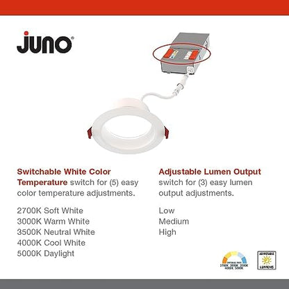Juno 4" Canless Wafer LED Light, 5-in-1 CCT, Deep Regressed Smooth Trim