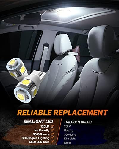 SEALIGHT 194 LED Bulbs, 168 W5W 2825 LED Bulb 6000K White Super Bright Replacement for License Plate Light, Dome Light, Map Light,Courtesy Light (Pack of 10), Automotive Parking Light Assemblies