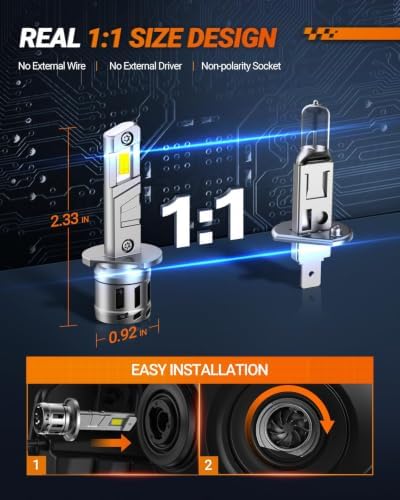 SEALIGHT H1 LED Bulbs, 50000LM 6500K H1 Fog Bulbs with Cooling Fan, 1:1 Mini Size for Powersports ATV/UTV, 70000+ Hours Lifspan, Plug-N-Play, Pack of 2