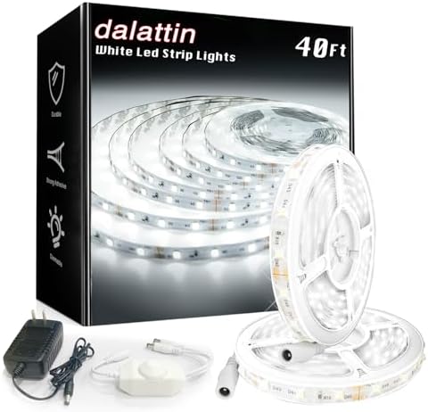 dalattin White LED Strip Lights, 40ft Dimmable LED Light Strip 6500K Bright Daylight White 24V, 720 LEDs 2835 Tape Lights for Bedroom, Kitchen, Mirror, Home Decoration(2 * 20ft)