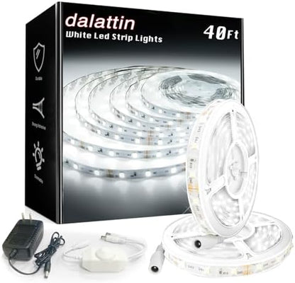 dalattin White LED Strip Lights, 40ft Dimmable LED Light Strip 6500K Bright Daylight White 24V, 720 LEDs 2835 Tape Lights for Bedroom, Kitchen, Mirror, Home Decoration(2 * 20ft)