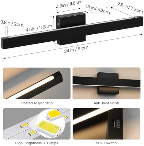 Modern Bathroom Vanity Light 24 Inch Black Bathroom Lighting Fixtures Over Mirror 20W 5CCT Dimmable LED Vanity Lights Bar for Bathroom Mirror Restroom Bedroom