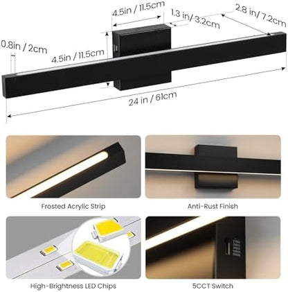 Modern Bathroom Vanity Light 24 Inch Black Bathroom Lighting Fixtures Over Mirror 20W 5CCT Dimmable LED Vanity Lights Bar for Bathroom Mirror Restroom Bedroom
