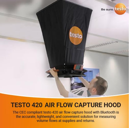 Testo 420 Flow Hood – Airflow Meter HVAC for Air Velocity, Volume Flow, Temperature & Relative Humidity – CFM Meter for Airflow HVAC with Tiltable Display, Bluetooth, and App Compatibility - With NIST