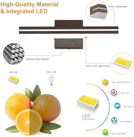 SineRise LED Modern Bathroom Vanity Light Fixtures (16-Inch, 3000K/4000K/6000K, Dimmable), Brown Wood Painted Modern Acrylic Bathroom Wall Lighting Fixtures Over Mirror