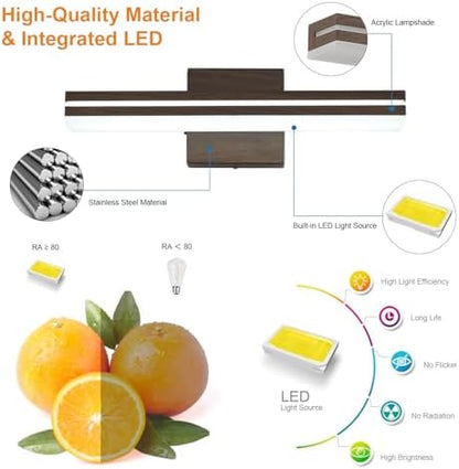 SineRise LED Modern Bathroom Vanity Light Fixtures (16-Inch, 3000K/4000K/6000K, Dimmable), Brown Wood Painted Modern Acrylic Bathroom Wall Lighting Fixtures Over Mirror
