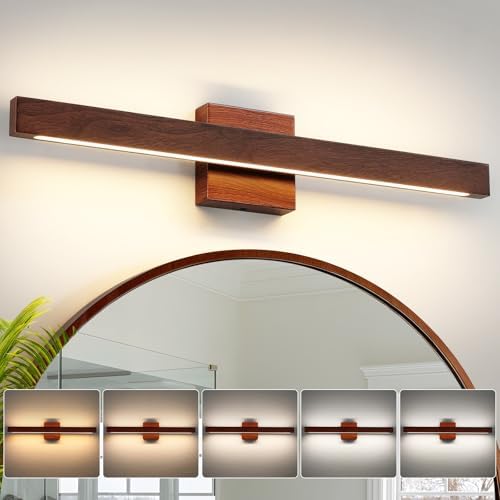 Modern Bathroom Light Fixtures Over Mirror, 24 Inch Brown Wood Finish Vanity Light Bar 20W Dimmable 5CCT LED Vanity Lights for Bathroom Wall Lighting Fixtures Over Mirror