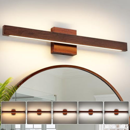 Modern Bathroom Light Fixtures Over Mirror, 24 Inch Brown Wood Finish Vanity Light Bar 20W Dimmable 5CCT LED Vanity Lights for Bathroom Wall Lighting Fixtures Over Mirror