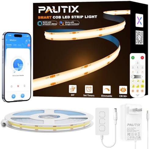 PAUTIX LED Strip Warm White 20ft/6.1m,Smart LED Strip Light Kit Compatible with Alexa/Google Assistant,Dimmable 24V 3000K COB LED Strip Light for Bedroom,Kitchen,Cabinet,Mirror,Sunroom
