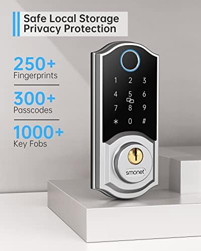 Smart Front Door Lock Set: SMONET Keyless Entry Door Lock with Handle, Front Handle Set Fingerprint Smart Deadbolt Bluetooth Electronic Digital Keypad, Alexa Unlock Silver
