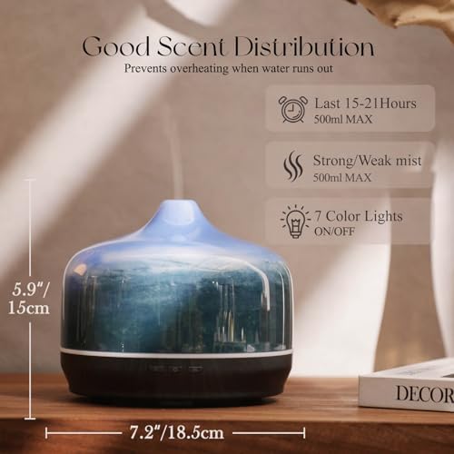 Porseme 500ml Glass Essential Oil Diffuser Aromatherapy Ultrasonic Cool Mist Humidifier 15-21 Running Hours Waterless Auto-Off Air Diffusers for Sleeping Yoga Working Spa(Dreamy Blue)