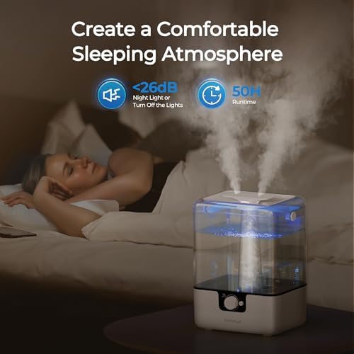 CHIVALZ Humidifiers for Bedroom, 6L Cool Mist Humidifiers for Baby Nursery, 26dB Quiet, 50H Runtime, Top Fill Humidifier for Large Room, Home, Plants, Nightlight, Oil Diffuser 1 Pack White