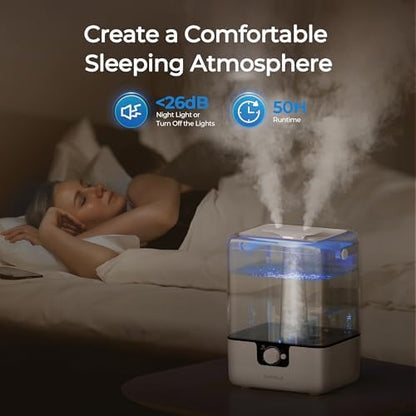 CHIVALZ Humidifiers for Bedroom, 6L Cool Mist Humidifiers for Baby Nursery, 26dB Quiet, 50H Runtime, Top Fill Humidifier for Large Room, Home, Plants, Nightlight, Oil Diffuser 1 Pack White