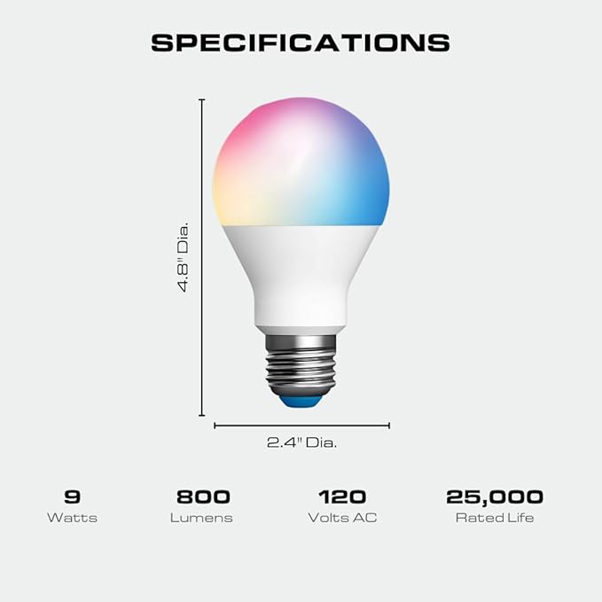 Smart A19 LED Bulb, WiFi + Bluetooth, 9W (60W Eq), RGB & Tunable White 2700K-6500K, 800 Lumens, Dimmable, E26 Base, Compatible with Alexa & Google Assistant