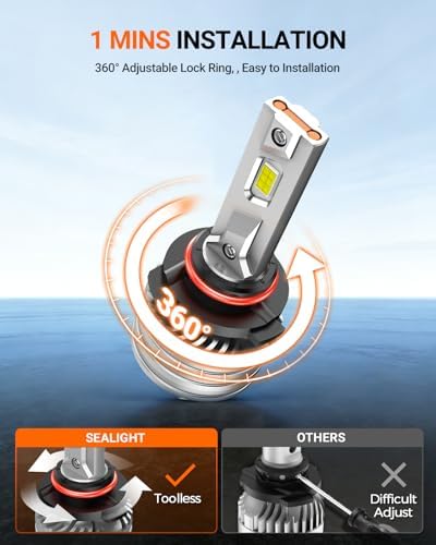SEALIGHT 9005 Bulbs, 120,000LM 17X Brightness, HB3 9005 6500K Cool White LED Bulbs, IP68 Waterproof 80000Hrs Lifespan, 5X Heat Dissipation driving LED Bulbs, Plug and Play, 2 Pack