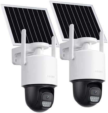 Anona Solar Security Camera Wireless Outdoor, 2.5K 4MP 360° Coverage PTZ Cameras, 24/7 AOV Recording, Color Night Vision, AI Human Detection, Auto Tracking, No Monthly Fee, IP66, 2.4GHz Wi-Fi, 2 Pack