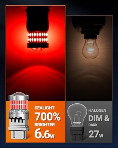 SEALIGHT Brake Light Bulbs 3157 LED Bulb Red, 700% Brighter 3156 3057 4157 4114 LED Bulb 57-SMD LED Chipset with Projector Len for Blinker Brake Light, Tail Light, Stop Parking Lights, Pack of 2