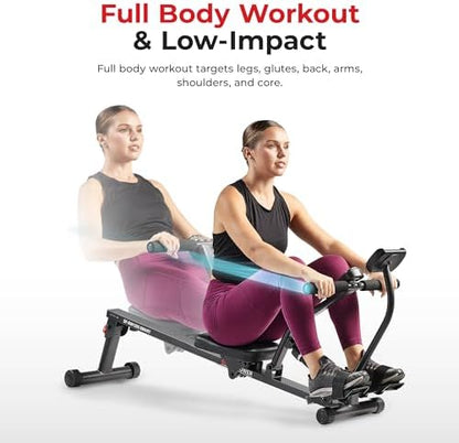 Sunny Health & Fitness Compact Hydraulic Rower with 12-Level Resistance | Full-Body Cardio, Joint-Friendly, Lightweight & Portable, Quiet & Smooth Row, Easy-Assembly, Free SunnyFit App