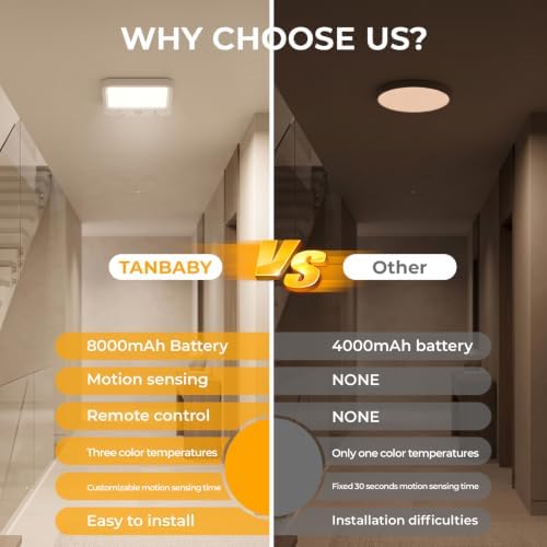 TANBABY Rechargeable Motion Sensor Ceiling Light, Wireless Remote, 2-Pack