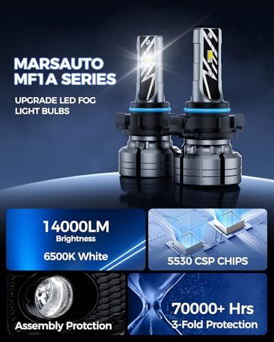 Marsauto 5201/5202 LED Fog Light Bulbs, 14,000LM 6500K White 5202 LED Bulbs, 70000HRS Lifespan 5201 PS24W Fog Lights for Trucks, SUV, Non-polarity Play and Plug, Pack of 2