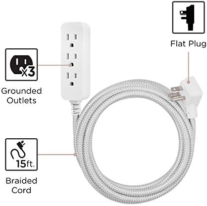 Cordinate 3 Outlet Power Strip 15 Ft Braided Extension Cord, 16 Gauge