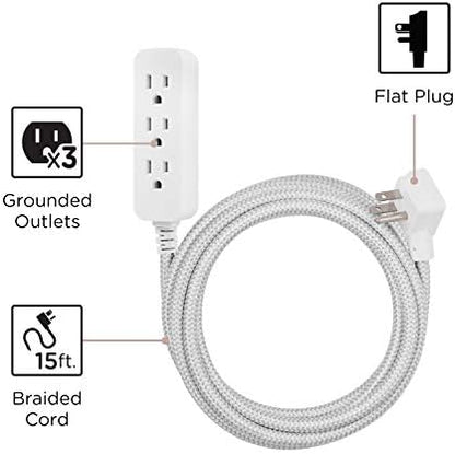 Cordinate 3 Outlet Power Strip 15 Ft Braided Extension Cord, 16 Gauge