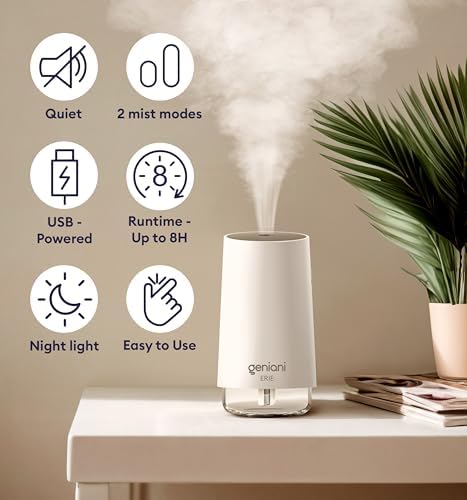 GENIANI Portable Cool Mist Humidifiers for Bedroom & Office - Ultrasonic Humidifier for Home, Baby, Small Room with Auto Shut Off, 250ML Easy to Clean Water Tank (Pack of 2)
