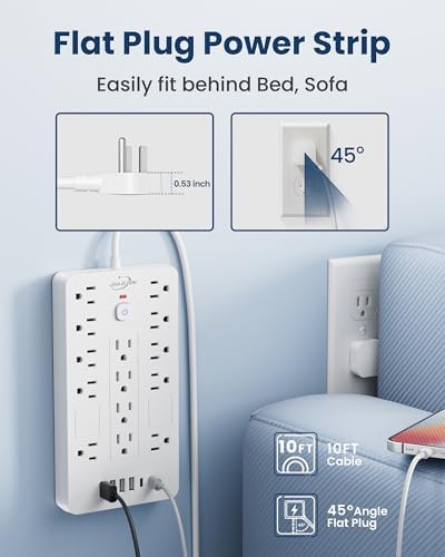 JouleLoom Surge Protector Power Strip-14 Outlets and 6 USB Ports, 20 Feet Flat Plug Extension Cord, 1850 Joules, White, ETL Listed for Home, Office, Dorm Room