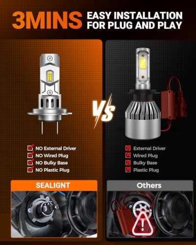 SEALIGHT H7 Bulbs, 80,000LM 1200% Brighter H7 LED Bulbs, 6500K Cool White Bulbs with Super Cooling Fan, 70,000+ Hrs Long-Term Extended Lifespan, Plug and Play with All in one Wireless, Pack of 2