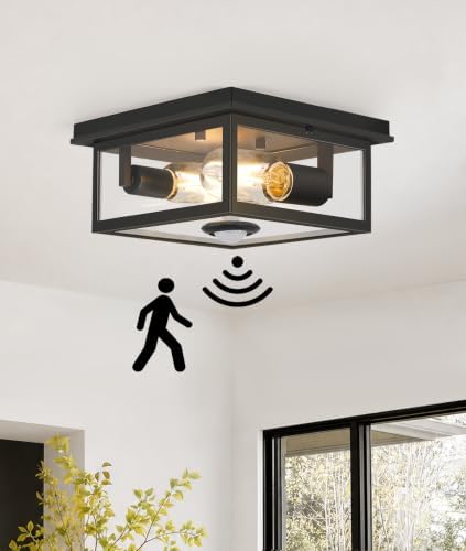 Motion Sensor Outdoor Ceiling Light with Remote, 8.5 Inch Matte Black Flush Mount Porch Light Fixture with United Glass Cover, 5 Modes Outside Flush Mount Light for Porch, Garage, Patio, Entryway