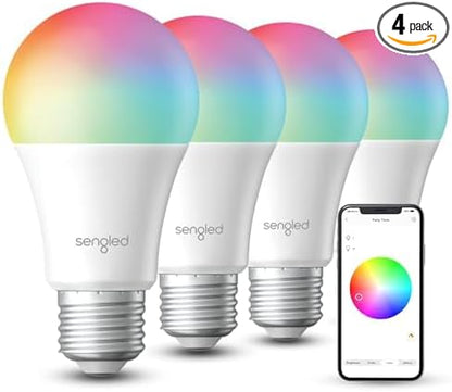 Sengled Dual Mode Smart Light Bulbs, Color Changing Light Bulbs with Remote & App Control, RGBW LED Bulbs 2700K-6500K Dimmable A19 65W, Group Control, Timer ( 4P No Remote, No Support Alexa & Google)
