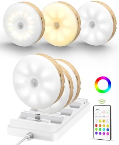 EZVALO Under Cabinet Lighting with Charging Station, 1000mAh Rechargeable Puck Lights with Remote, 3 Color Temps & 12 RGB Closet Lights, Dimmable Motion Sensor Lights for Shelf, Kitchen (6 Packs)