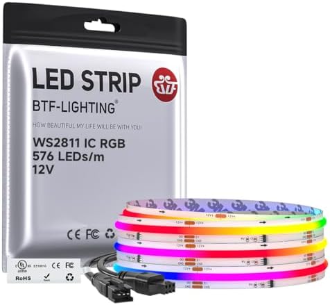 BTF-LIGHTING RGB WS2811 Smart IC FCOB COB LED Strip, UL Listed 576LEDs/m High Density Color Chasing Uniform Light, DC12V 9.8FT 10mm Width Tape Light for Home Party DIY Decor(No Adapter or Controller)