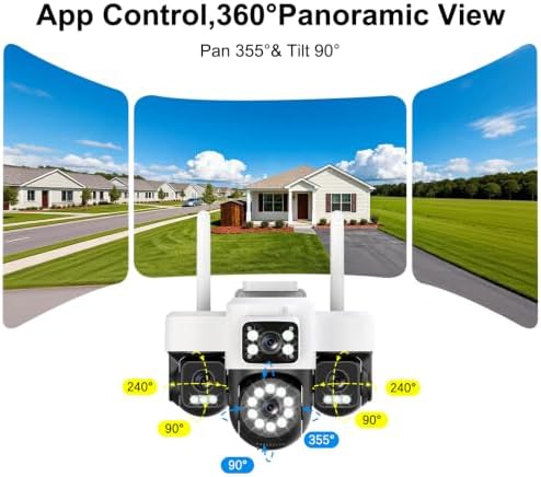 4K 12MP Solar Security Cameras Wireless Outdoor, Four Lens & 360° PTZ Linkage Camera with Solar Panel, 24/7 AOV Recording, Auto Motion Tracking, Color Night Vision, 2.4G/5G WiFi, IP66 Waterproof