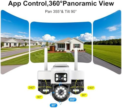 4K 12MP Solar Security Cameras Wireless Outdoor, Four Lens & 360° PTZ Linkage Camera with Solar Panel, 24/7 AOV Recording, Auto Motion Tracking, Color Night Vision, 2.4G/5G WiFi, IP66 Waterproof