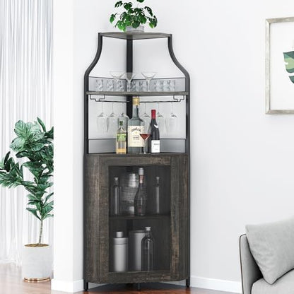 GAOMON Corner Bar Storage Cabinet, 5-Tier Farmhouse Liquor Cabinet with Glass Holder Wine Cabinet with Barn Door & Adjustable Shelf, Home Bar Storage for Home,Dining Room, Kitchen, Oak Gray