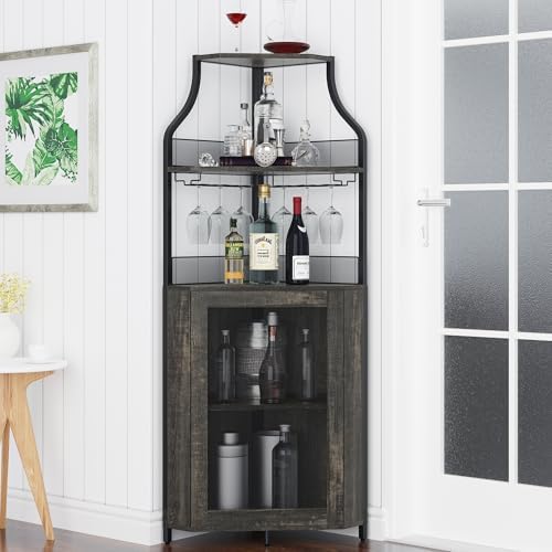 GAOMON Corner Bar Storage Cabinet, 5-Tier Farmhouse Liquor Cabinet with Glass Holder Wine Cabinet with Barn Door & Adjustable Shelf, Home Bar Storage for Home,Dining Room, Kitchen, Oak Gray