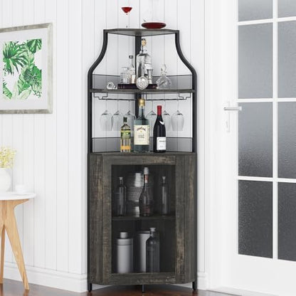 GAOMON Corner Bar Storage Cabinet, 5-Tier Farmhouse Liquor Cabinet with Glass Holder Wine Cabinet with Barn Door & Adjustable Shelf, Home Bar Storage for Home,Dining Room, Kitchen, Oak Gray