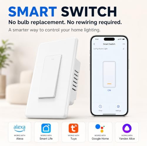 Smart Switch for Light 1 Gang, Neutral Wire Required, 2.4GHz Wi-Fi Switch Compatible with Alexa and Google Home, UL Certified