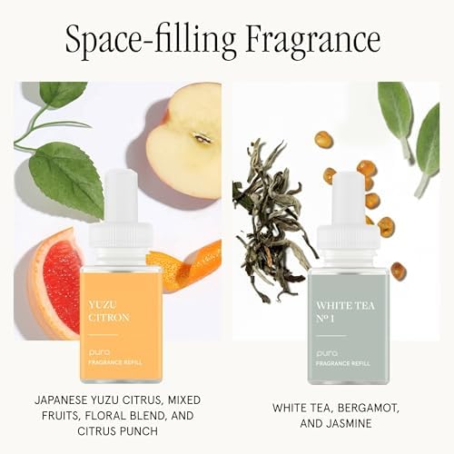 Pura - Smart Home Fragrance Device Starter Set - Pura 4 - Scent Diffuser for Home - Includes Fragrance Aroma Diffuser - Square Box, Yuzu Citron and White Tea No. 1 Scent Refills