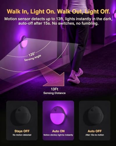 YUNLEX Purple Motion Sensor Night Light Battery Operated, Dim Sticky Light