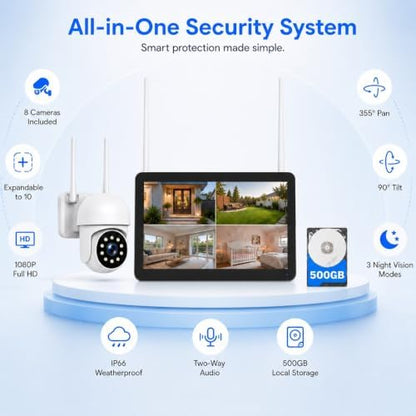 Camcamp Wireless Security Camera System with 10 Inch Monitor, 8 PTZ Cameras