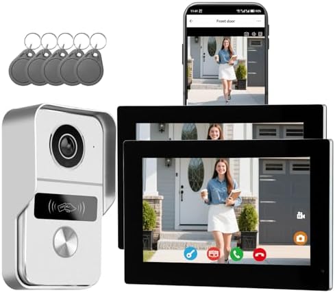 Wired Video Doorbell Apartment Intercom System, 1080P Doorbell Camera, 7-inch Touch Screen, Night Vision, Remote Unlock, Two-Way Intercom for Villa, Home, Office, with 1 Camera and 2 Monitors