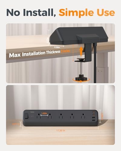 TESSAN Desk Clamp Power Strip 6 Ft with 2100J Surge Protector, Black