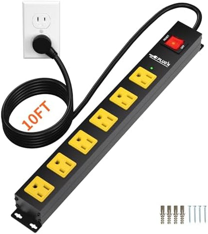6 Outlet Power Strip 2700J Surge Protector, Heavy Duty Power Strips with 10FT Long Cord and Flat Plug, Wall Mountable Metal Strip for Desk, Garage, Workbench and Kitchen