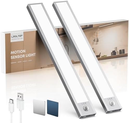LROLTEF Under Cabinet Lighting Wireless, 2 Pack 8.3 inch 1500mAh 6500K Dimmable Motion Sensor Light Indoor, Rechargeable LED Under Counter Lights for Kitchen, Shelf, Stairs, Closet